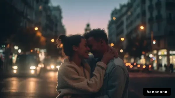 夕暮れの街でのカップル