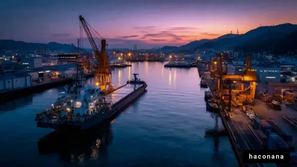 夕暮れの港とクレーン