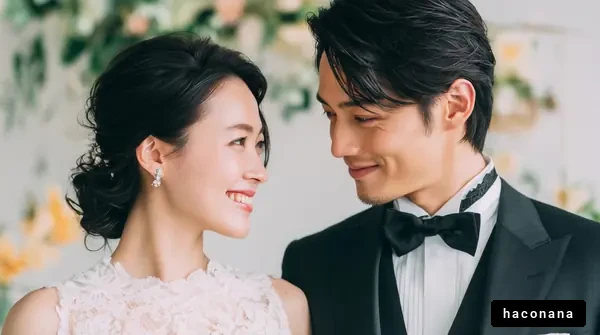 笑顔の新郎新婦の姿