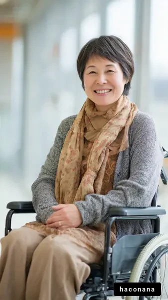 車椅子に座る女性の微笑み