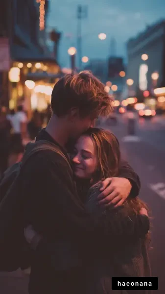 夕暮れの街で抱き合うカップル