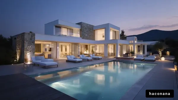 夜の美しいプール付き家