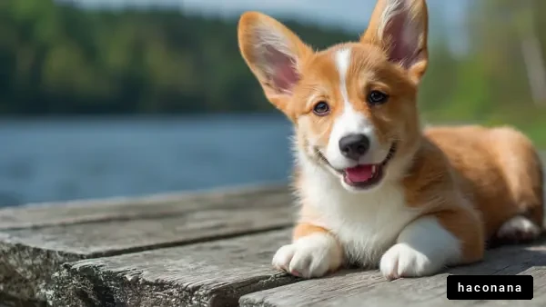 川辺で遊ぶ子犬